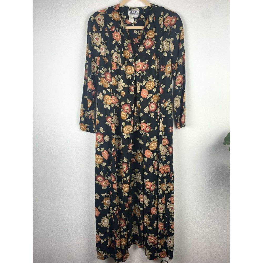 VINTAGE Matter of Degrees Women PS Black Floral Print Duster Kimono Top Cardigan